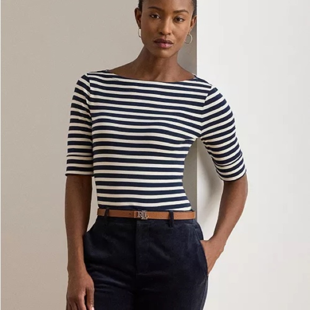 Lauren Ralph Lauren Black and White Striped Boatneck Short Sleeve Top - Picture 4 of 4